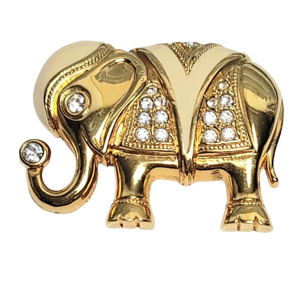 Vintage KJL For Avon Cream Enamel Clear Rhinestone Elephant Brooch Pendant
